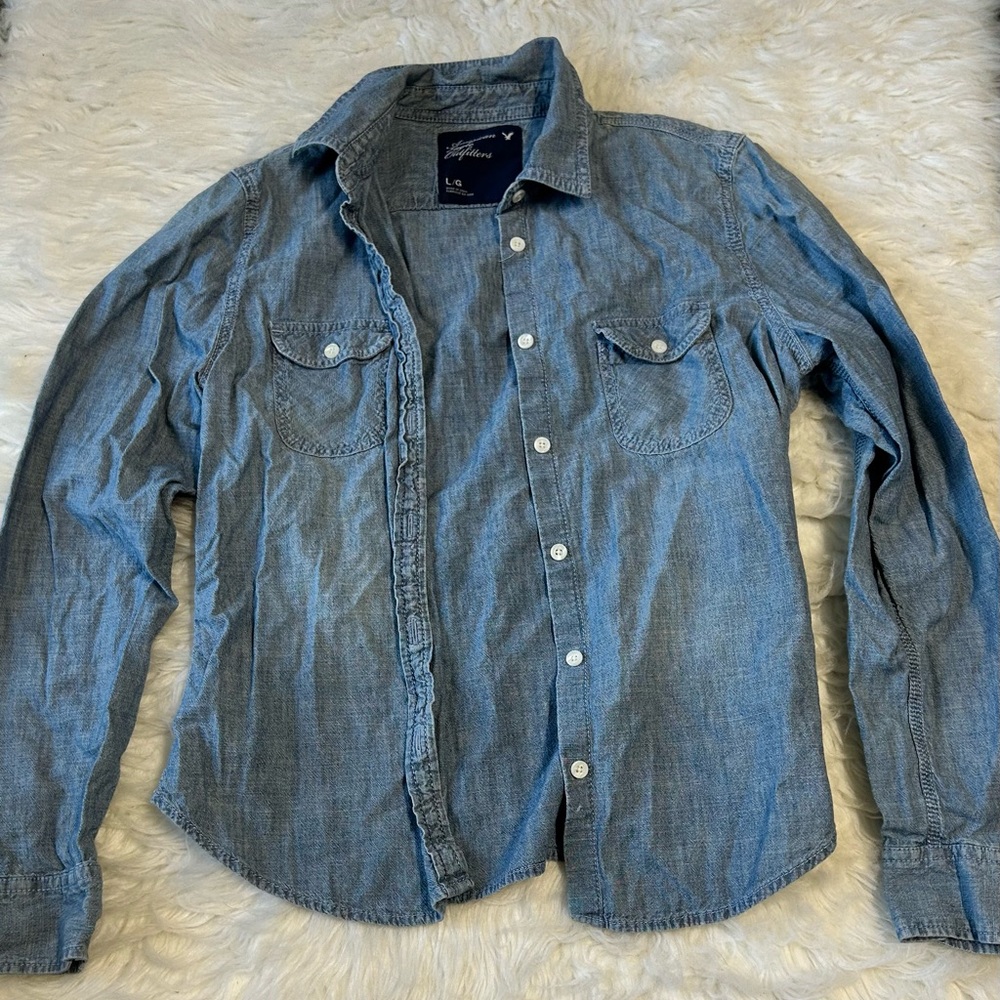 American Eagle Outfitters Light Blue Denim Button-Down Shirt